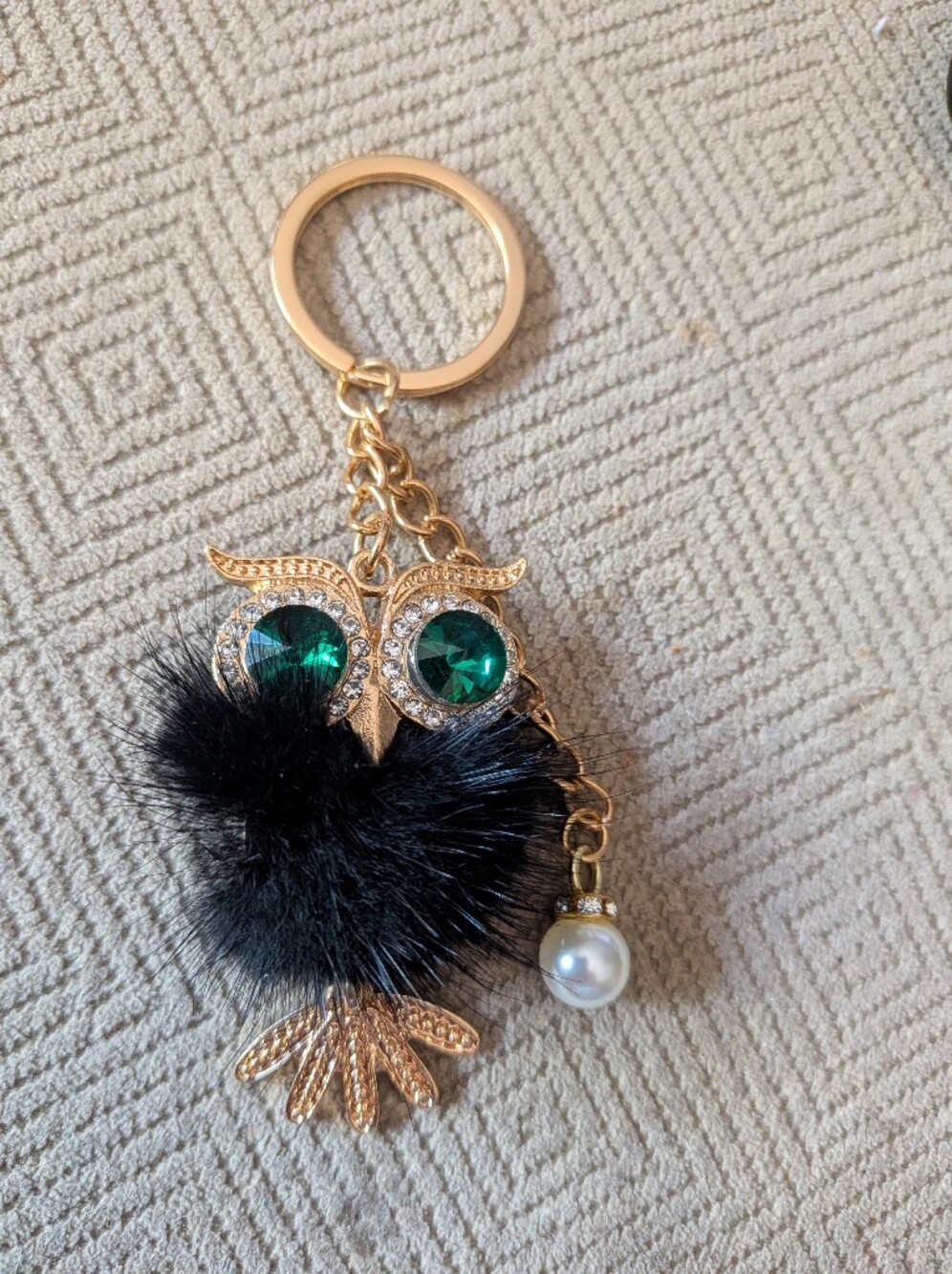 Gold Owl Keychain with Emerald Crystals and Black Pom Pom